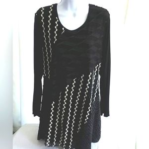 Indigo Soul Black White Long Sleeve Overlay Stripe Tunic Blouse Size Large